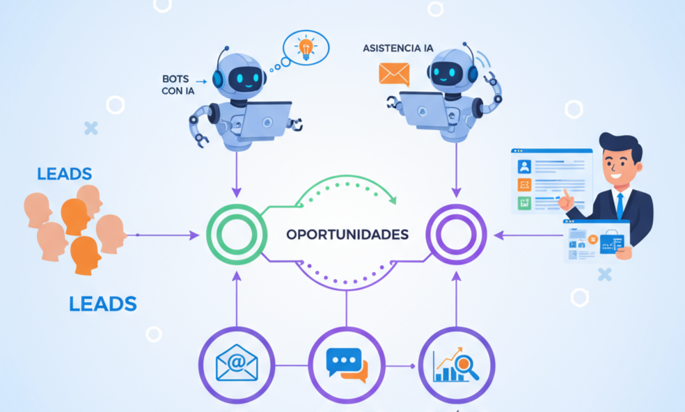 Automatización en CRM: pipeline de ventas, bots con IA y comunicación integrada.