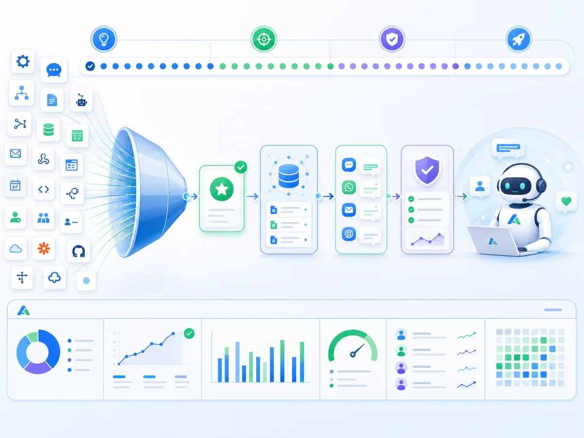 Embudo de implementación en 30 días: muchas ideas de automatización se reducen a un caso de uso, se suman base de conocimiento y canal, pruebas, y termina en un agente en producción con métricas.